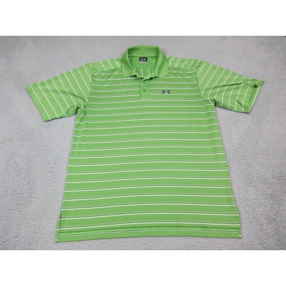 Under‎ Armour Polo Shirt Mens M Green Striped Polyester Golf Moisture Wicking